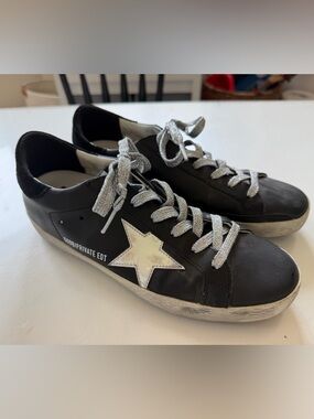 Golden Goose Black Leather Sneakers with White Star and Silver Laces